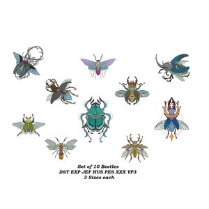 Set of 10 Beetles Embroidery Designs - 3 sizes each