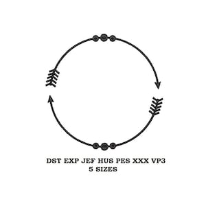 May include: Black and white embroidery design of a circle with two arrows pointing in opposite directions. The circle has five small black dots around it. The text "DST EXP JEF HUS PES XXXX VP3 5 SIZES" is below the design.