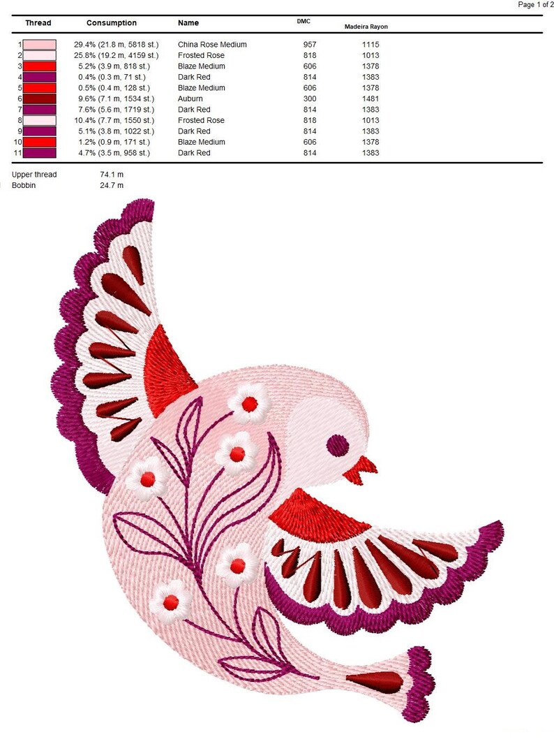 May include: Embroidered design of a pink bird with red and purple accents. The bird is surrounded by small white flowers and green leaves. The design includes a color chart with thread consumption, DMC and Madeira Rayon thread numbers, and thread names.