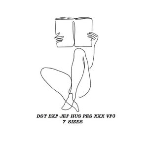 Op de afbeelding: Lijnkunst-illustratie van een persoon die zit en een boek leest. De afbeelding is in zwart-wit en heeft een eenvoudige, minimalistische stijl. De tekst "DST EXP JEF HUS PES XXX VP3 7 SIZES" staat onderaan de afbeelding.