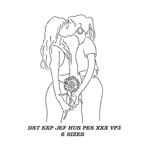 Girls Kiss Embroidery Design - 6 sizes - kissing girls contour stitch embroidery pattern, line art