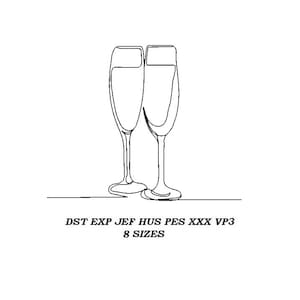 Champagne glasses machine Embroidery Design 04 - 8 sizes - Champagne glasses contour stitch embroidery pattern, line art, digital file