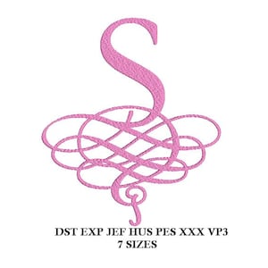 May include: Pink monogram embroidery design featuring the letter "S" in a decorative script font with a swirling flourish.