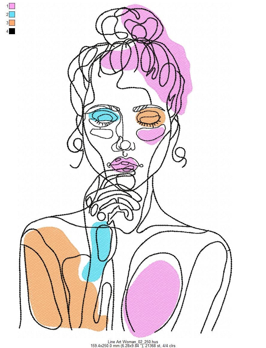 Large Line Art Woman Embroidery Design 02 3 Sizes Contour Etsy