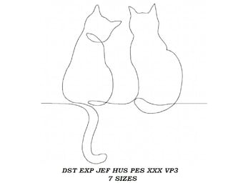 Two Cats one line art Machine Embroidery Design - 7 sizes - Cat embroidery pattern, line art, digital file
