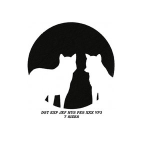 May include: Black and white silhouette of two wolves howling at the moon. The image is in a circle shape with the text "DST EXP JEF HUS PES XXX VP3 7 SIZES" below.
