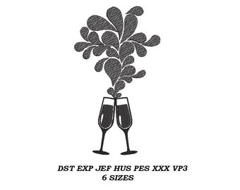 Champagne glasses Embroidery Design 01 - 6 Sizes - embroidery pattern, digital file