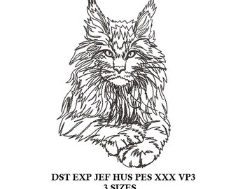 Main Coon Cat machine embroidery design - Cat sketch embroidery patterns - 5 sizes - Cat embroidery pattern, line art, digital file