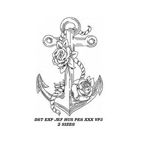 Flower Anchor Embroidery Design - 2 Sizes - contour stitch embroidery pattern, line art