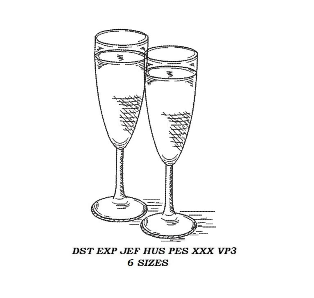 Champagne Glasses Machine Embroidery Design 03 6 Sizes Champagne Glasses Contour Stitch