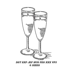 Champagne glasses machine Embroidery Design 03 - 6 sizes - Champagne glasses contour stitch embroidery pattern, line art, digital file