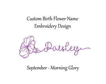 Diseño de bordado de nombre de flor de nacimiento personalizado - septiembre - Morning Glory - diseño de bordado de máquina - diseño de bordado de flor de mes de nacimiento