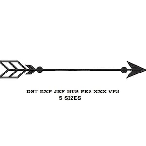May include: Black and white arrow embroidery design with a simple, modern style.  The design includes the text "DST EXP JEF HUS PES XXX VP3 5 SIZES".