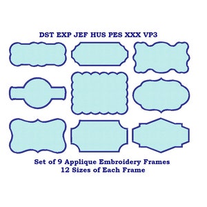 Set of 9 Frame Applique Designs, each frame in 12 SIZES, Frames embroidery design, Monogram frame applique design, Machine embroidery design