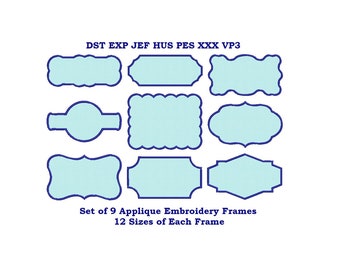 Set of 9 Frame Applique Designs, each frame in 12 SIZES, Frames embroidery design, Monogram frame applique design, Machine embroidery design
