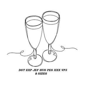 Champagne glasses machine Embroidery Design 01 - 8 sizes - Champagne glasses contour stitch embroidery pattern, line art, digital file