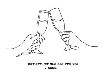 Champagne glasses machine Embroidery Design 05 - 7 sizes - Champagne glasses contour stitch embroidery pattern, line art, digital file