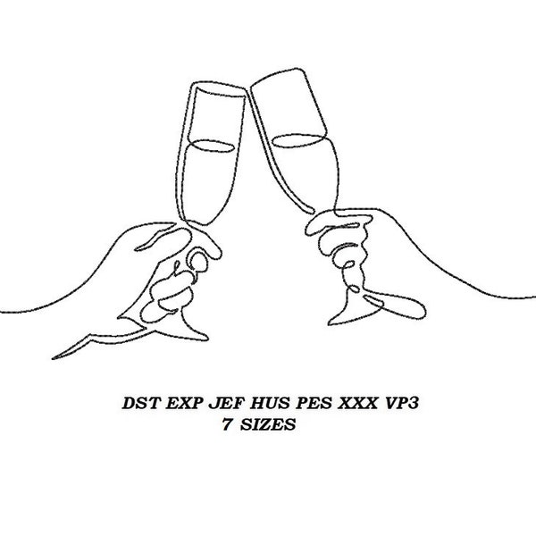 Champagne glasses machine Embroidery Design 05 - 7 sizes - Champagne glasses contour stitch embroidery pattern, line art, digital file