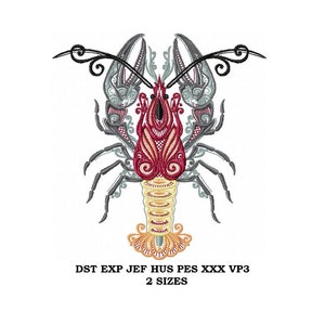 Peut inclure: Broderie représentant un homard stylisé avec des détails complexes en rouge, jaune et gris. Le motif comprend le texte "DST EXP JEF HUS PES XXX VP3 2 SIZES".