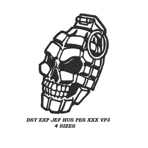 May include: Black and white embroidered design of a skull-shaped grenade. The design includes a detailed skull face and the text "DST EXP JEF HUS PES XXX VP3" and "4 SIZES".