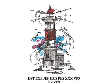 Lighthouse Machine Embroidery Design - 3 sizes - Travel embroidery pattern, sketch embroidery design, digital file