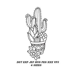 Cactus machine Embroidery Design 02 - 4 sizes - contour stitch embroidery pattern, line art, digital file