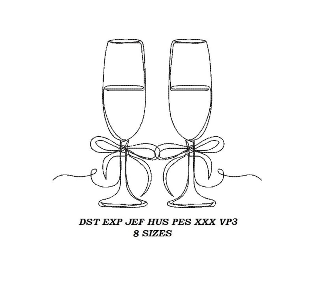Champagne Glasses Machine Embroidery Design 02 8 Sizes Champagne Glasses Contour Stitch