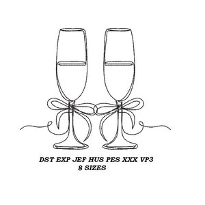 Champagne glasses machine Embroidery Design 02 - 8 sizes - Champagne glasses contour stitch embroidery pattern, line art, digital file