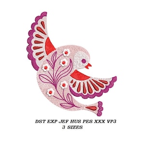 May include: Embroidered design of a pink bird with red and purple accents. The bird has a floral pattern on its body and is flying with its wings spread.
