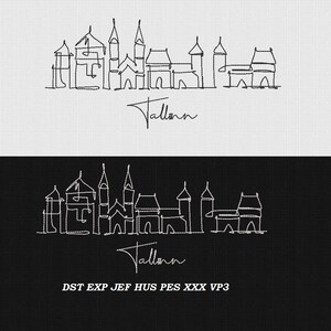 May include: A black and white line drawing of the Tallinn skyline with the word "Tallinn" written underneath. The drawing is on a white background.