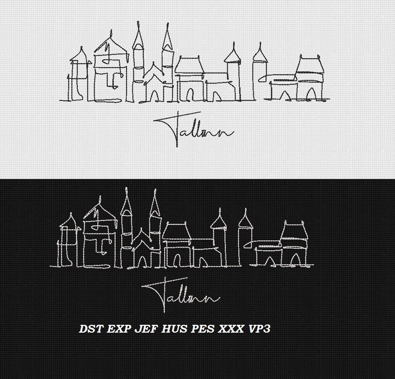 May include: A black and white line drawing of the Tallinn skyline with the word "Tallinn" written underneath. The drawing is on a white background.
