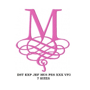 May include: Pink monogram letter M with a decorative swirl design. DST EXP JEF HUS PES XXX VP3 7 SIZES
