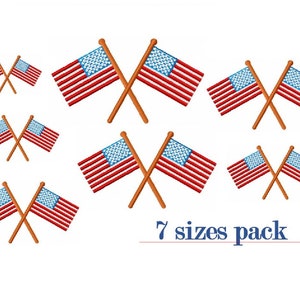 May include: Seven different sizes of embroidery designs featuring crossed American flags. The flags are red, white, and blue with a blue star pattern. The text "7 sizes pack" is below the designs.