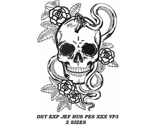 Skull Snake Flowers Embroidery Machine Design - 2 sizes - embroidery pattern, digital file