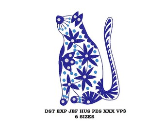 Scandinavian Cat Machine Embroidery Designs - 6 sizes - Folk art cat embroidery pattern, Instant Downloadable