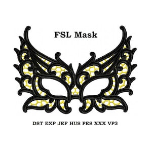 May include: Black and yellow lace mask with intricate details. FSL Mask. DST EXP JEF HUS PES XXX VP3.