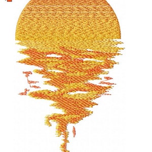 May include: A digital embroidery design of a sunset with a liquid effect. The design is in shades of orange, yellow, and red. The design is 10.4 cm wide and 16.8 cm tall. It requires 13,164 stitches and uses 2 out of 3 colours.