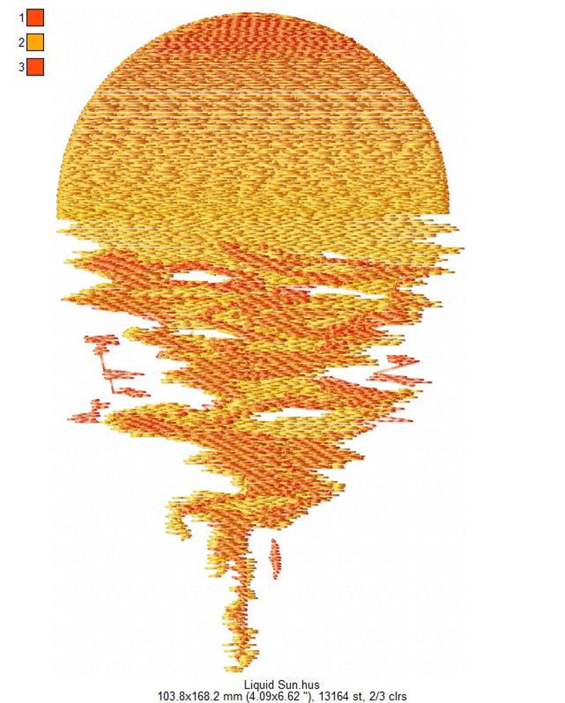 May include: A digital embroidery design of a sunset with a liquid effect. The design is in shades of orange, yellow, and red. The design is 10.4 cm wide and 16.8 cm tall. It requires 13,164 stitches and uses 2 out of 3 colours.