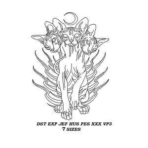 May include: Line art illustration of a three-headed sphinx cat with a crescent moon above its head. The cat is sitting with its front paws crossed. The image is surrounded by stylized flames.