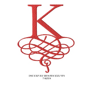 May include: Red embroidered letter K with a decorative flourish design. DST EXP JEF HUS PES XXX VP3 7 SIZES