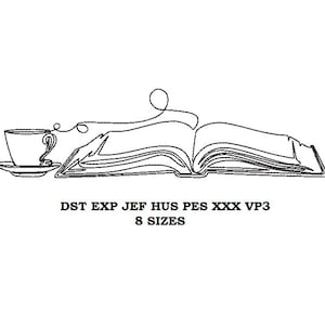 Love reading machine Embroidery Design 10 - 8 sizes - Love books and Coffee contour stitch embroidery pattern, line art, digital file
