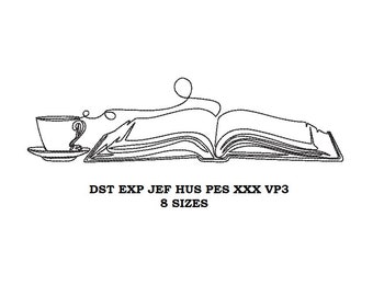Love reading machine Embroidery Design 10 - 8 sizes - Love books and Coffee contour stitch embroidery pattern, line art, digital file