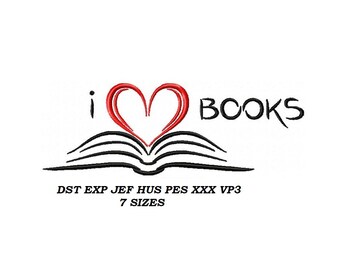 I Love Books machine Embroidery Design - 7 SIZES - Book  embroidery pattern, digital file