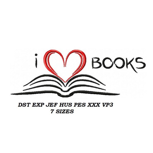 I Love Books machine Embroidery Design - 7 SIZES - Book  embroidery pattern, digital file