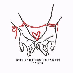 May include: Two hands holding a red heart, connected by a red string. The hands are drawn in black outline.