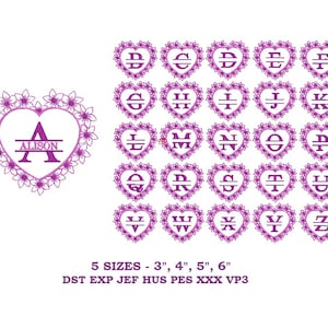 May include: A set of 26 embroidery designs featuring a heart-shaped wreath with a letter inside. The wreath is purple and the letters are white. The designs are available in 5 sizes: 3 inches, 4 inches, 5 inches, and 6 inches. The file formats included are DST, EXP, JEF, HUS, PES, XXX, and VP3.