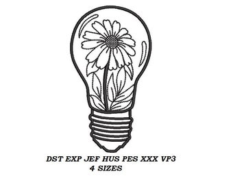 Flowers in Light Bulb Machine Embroidery Design- 4 SIZES - Light Bulb flower contour stitch embroidery pattern, line art, digital file