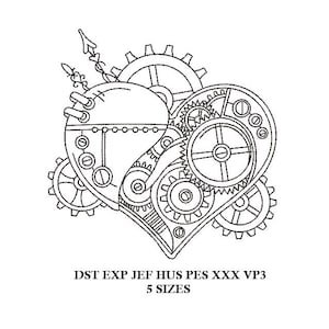 May include: A black and white line art design of a heart with gears and cogs. The design is in the style of steampunk. The text "DST EXP JEF HUS PES XXXX VP3 5 SIZES" is below the design.