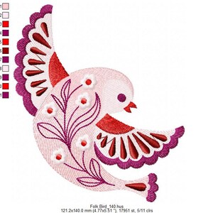 May include: A pink and red embroidered bird with a floral design. The bird is flying with its wings spread out. The embroidery is done in a folk art style.