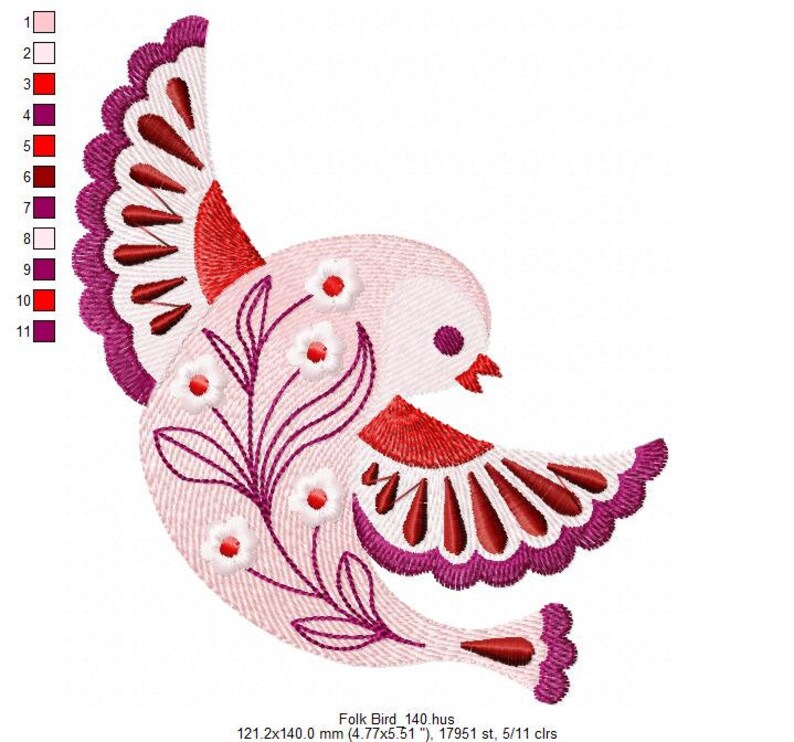 May include: A pink and red embroidered bird with a floral design. The bird is flying with its wings spread out. The embroidery is done in a folk art style.